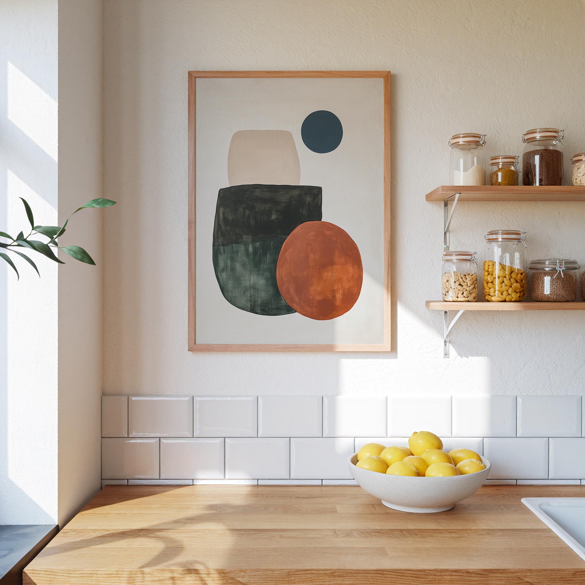 a kitchen counter with a bowl of lemons, a framed abstract art piece, and shelves displaying various jars and containers.