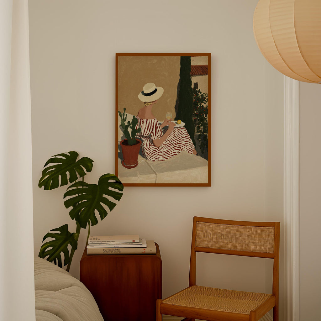 a painting of a woman sitting on a bench, surrounded by potted plants and a wooden chair, creating a cozy and inviting atmosphere.