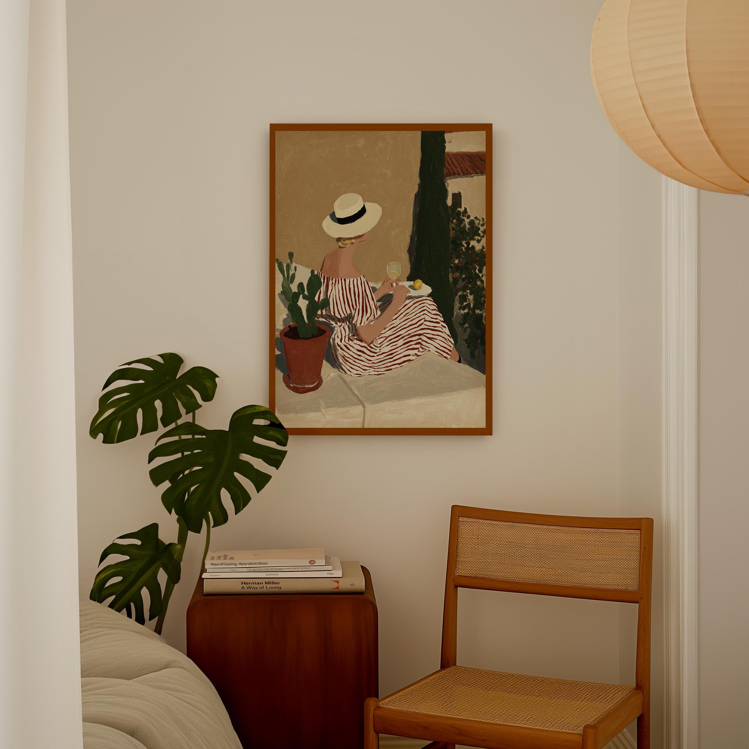 a painting of a woman sitting on a bench, surrounded by potted plants and a wooden chair, creating a cozy and inviting atmosphere.