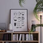 a framed poster of coffee-related icons on a wall, with a bookshelf below it and a plant in the foreground.