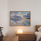 a bedroom with a large painting of a beach scene hanging on the wall above a wooden nightstand with a lamp on it.
