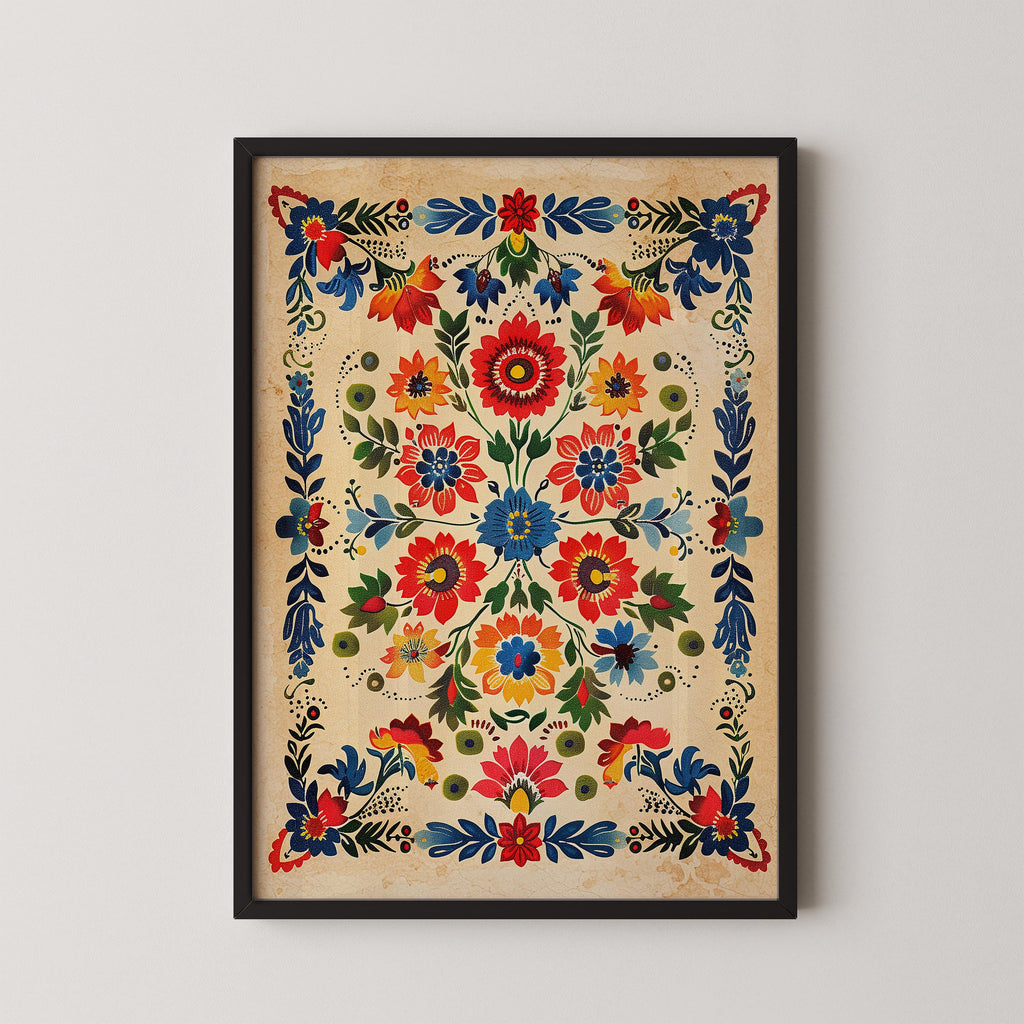 The image is a framed print featuring a vibrant floral design with various flowers and leaves in different colors, including red, orange, yellow, blue, and green.