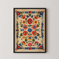 The image is a framed print featuring a vibrant floral design with various flowers and leaves in different colors, including red, orange, yellow, blue, and green.
