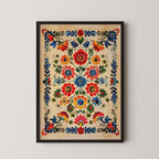 The image is a framed print featuring a vibrant floral design with various flowers and leaves in different colors, including red, orange, yellow, blue, and green.