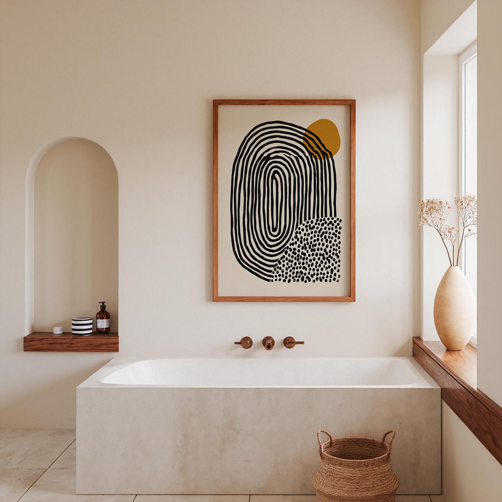 a modern bathroom with a large white bathtub, a wooden shelf, and a framed abstract artwork on the wall.