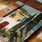The image is a painting depicting a tropical landscape with palm trees, a building, and a body of water.